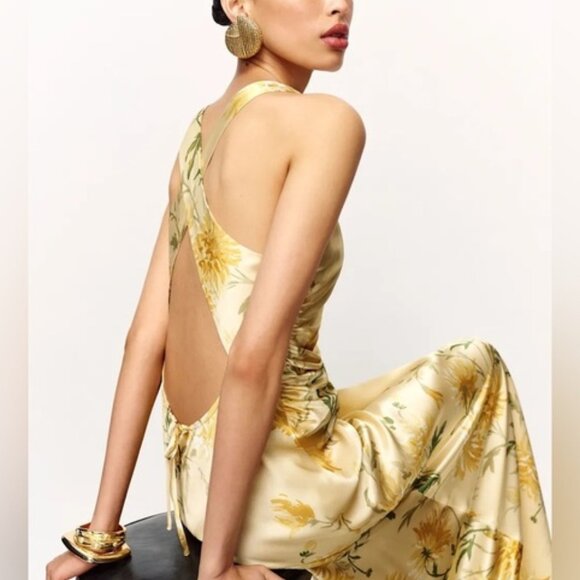 NEW Reformation Anaiis Long Backless Silk Dress Honeyglow Yellow Floral | US 0 - Picture 1 of 13